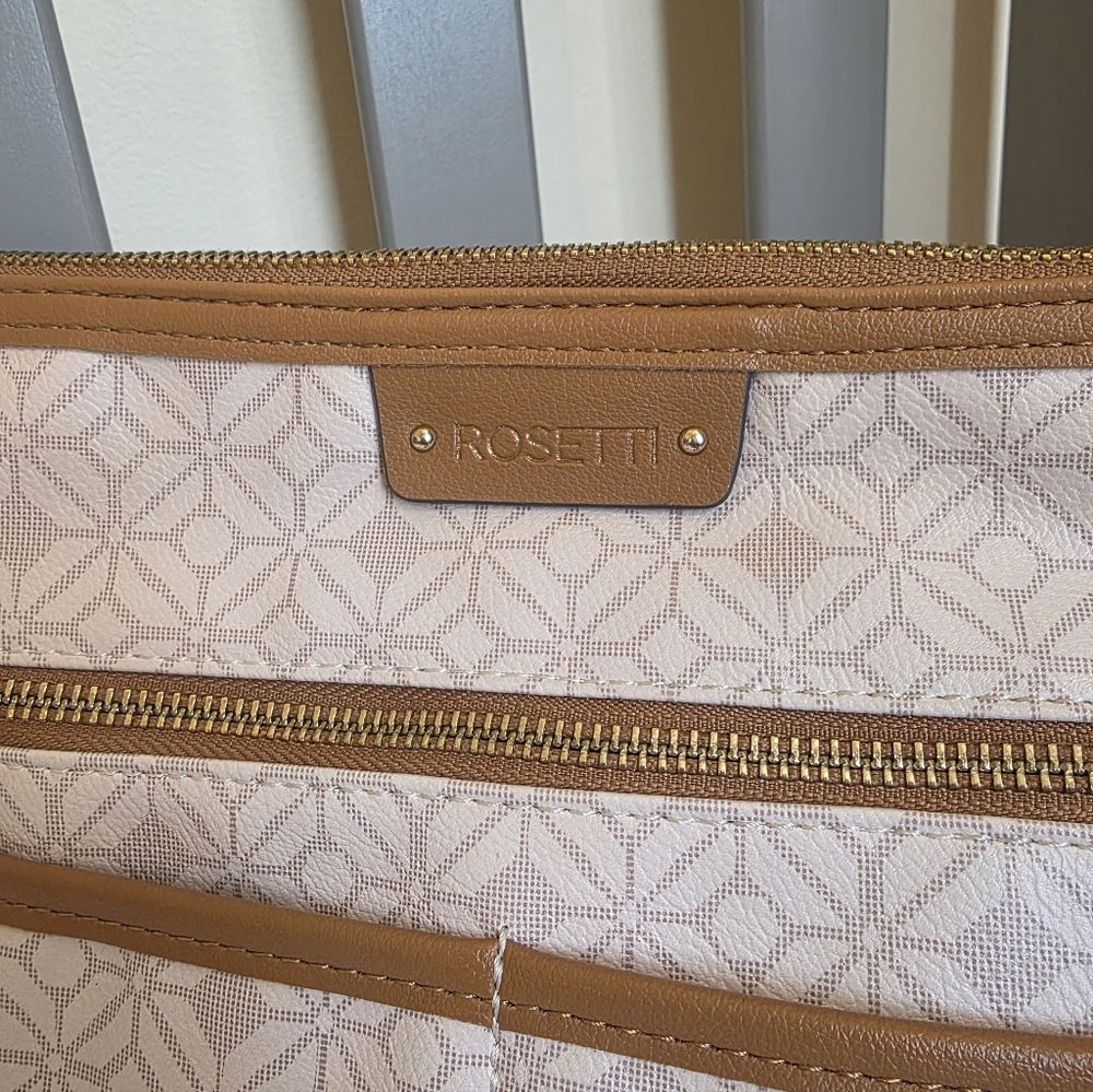 Rosetti Cream and Tan Faux Leather Geometric Diamond Pattern Crossbody Bag - Picture 2 of 12